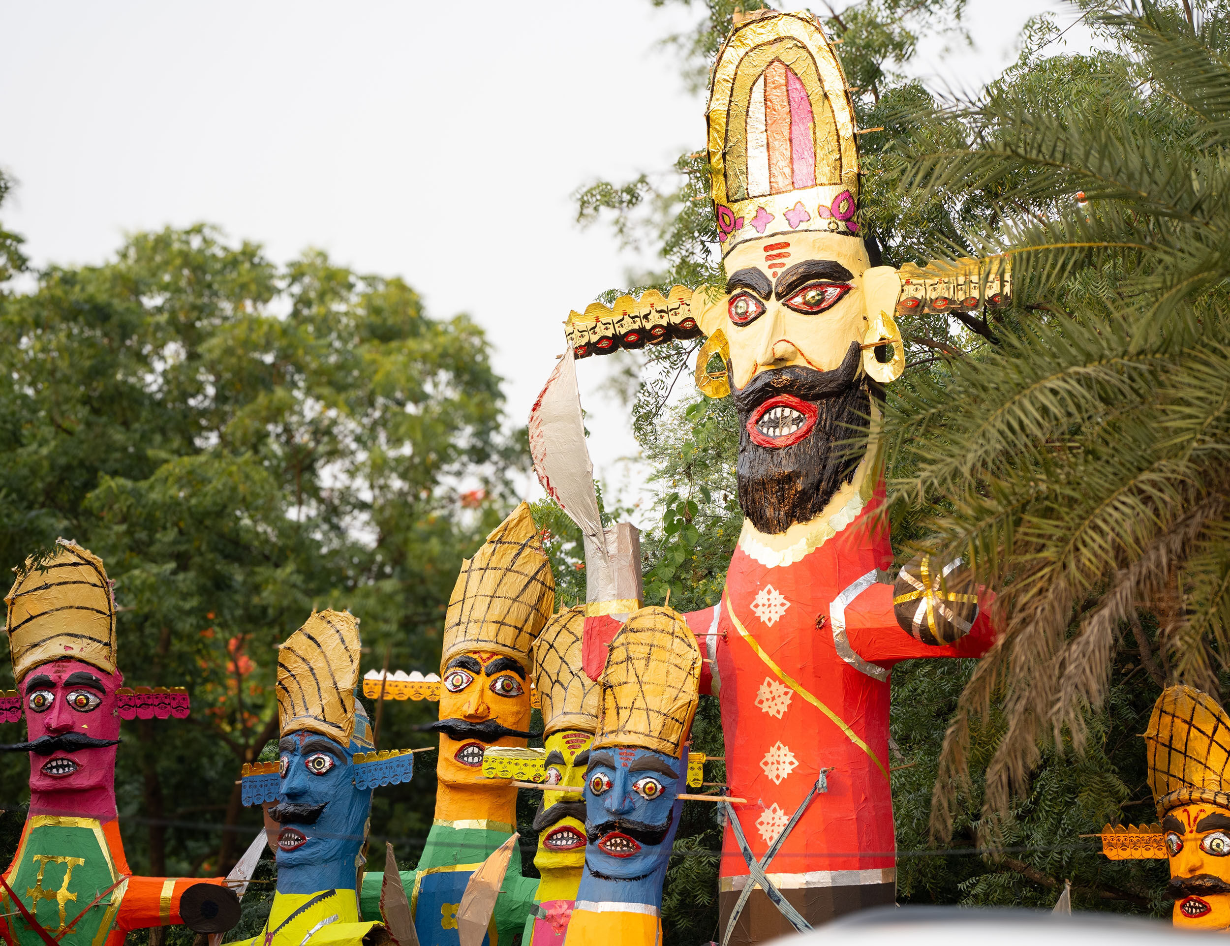 Close-up of the giant, colorful ten-headed effigy of Ravana for Dussehra celebrations